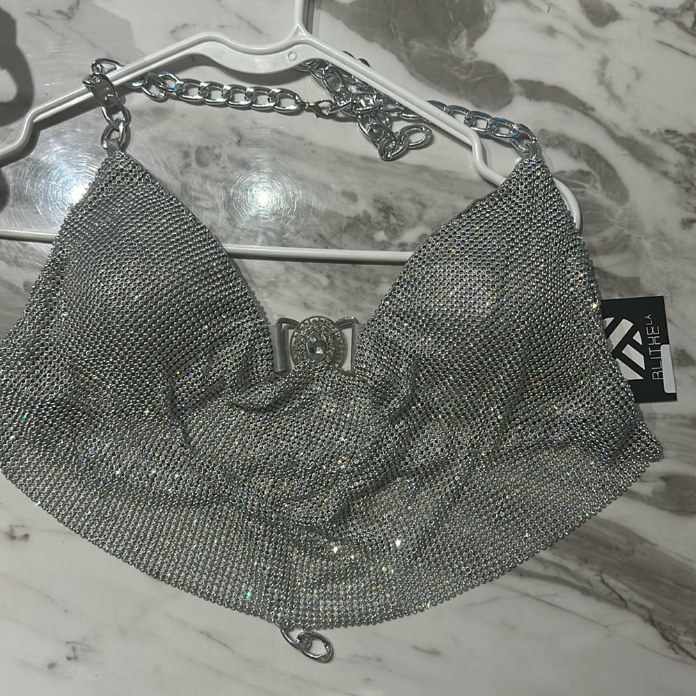 Silver rhinestone chain crop top